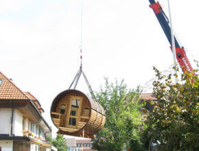 Holz Tonnensauna transport bestellen Saunafass Fasssauna Sauneco