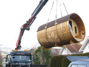 Tonnensauna Transport Fasssauna Saunafässer aus Holz Sauneco