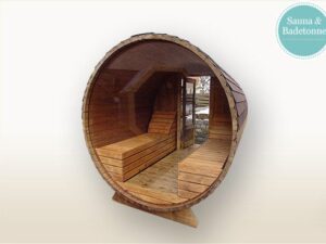 Bambino 2,7m Voll Panorama - Tonnensauna mit Glaswand und Terrasse